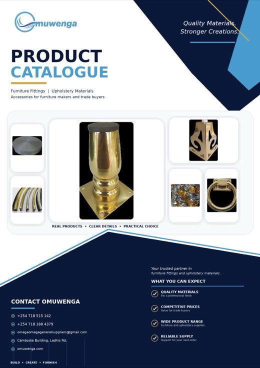Cover of the Omuwenga product catalogue, with sofa fittings and upholstery materials