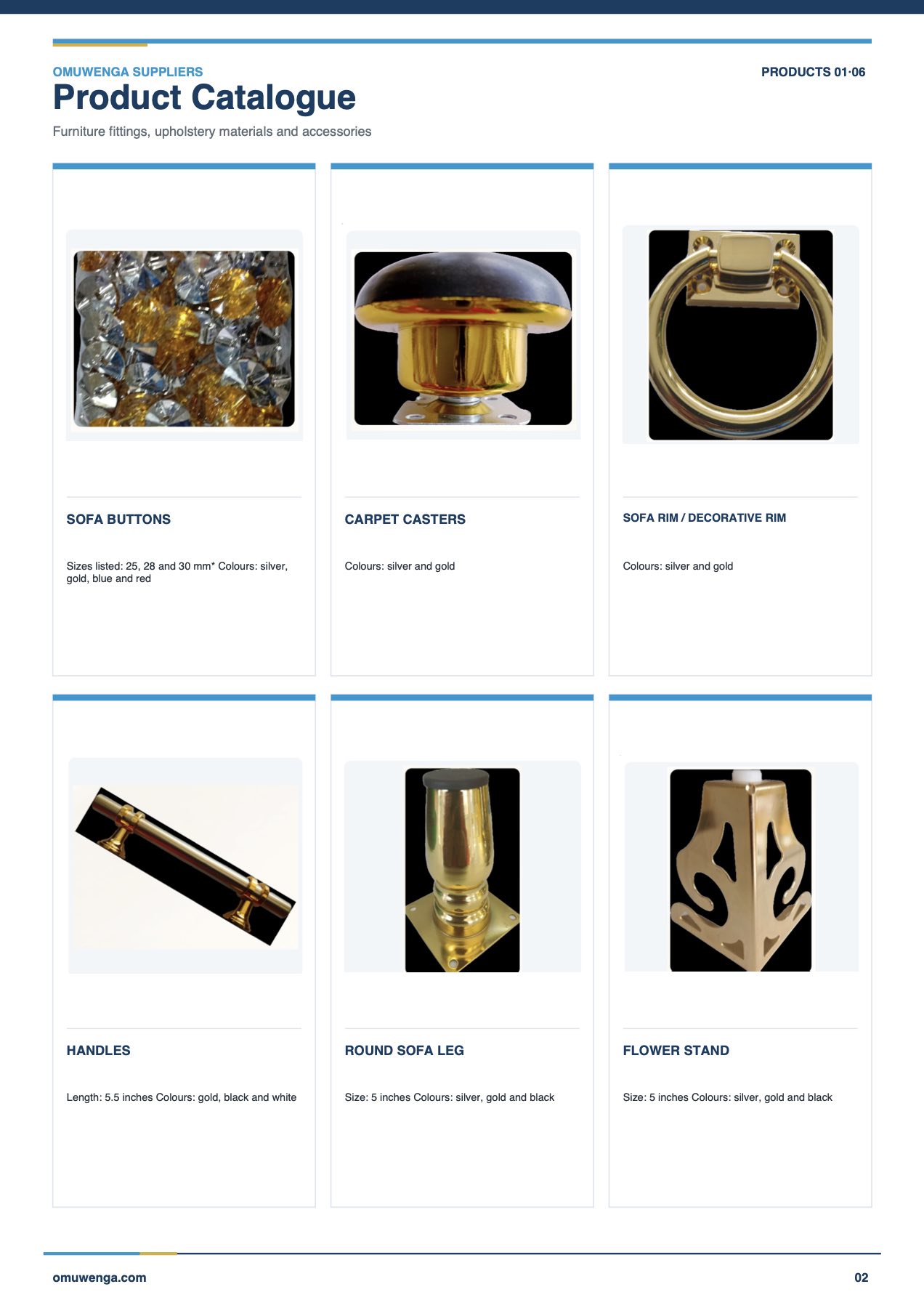 Page 2: sofa buttons, carpet castors, sofa rim, handles, a round sofa leg and a flower stand.