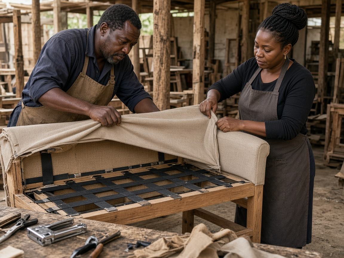 Artisans making and upholstering a sofa together